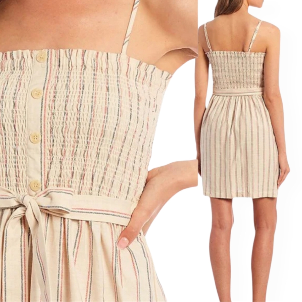 Copper Key🤎Striped Smocked Mini Dress, Size L, Color: Natural, NWT